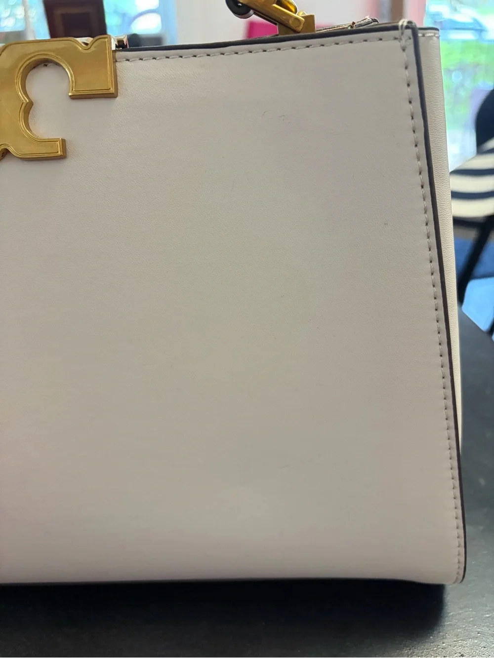 Tory Burch $700 Cream Eleanor Spazoletto Satchel with Gold Logo and Ribbon